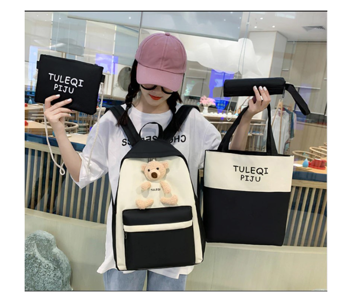 4 Pieces Fashion Cute Bear Canvas Shoulder School Bag for Teenage Girls - Black and White - Zoom Image 3