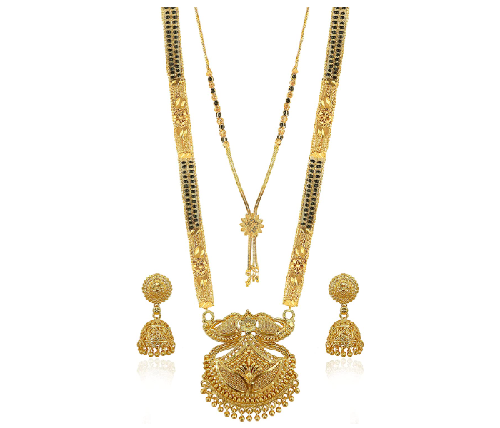 Brado Traditional Pendant Gold Plated Hand Meena Necklace With 2 Mangalsutra Earrings  - Zoom Image 1