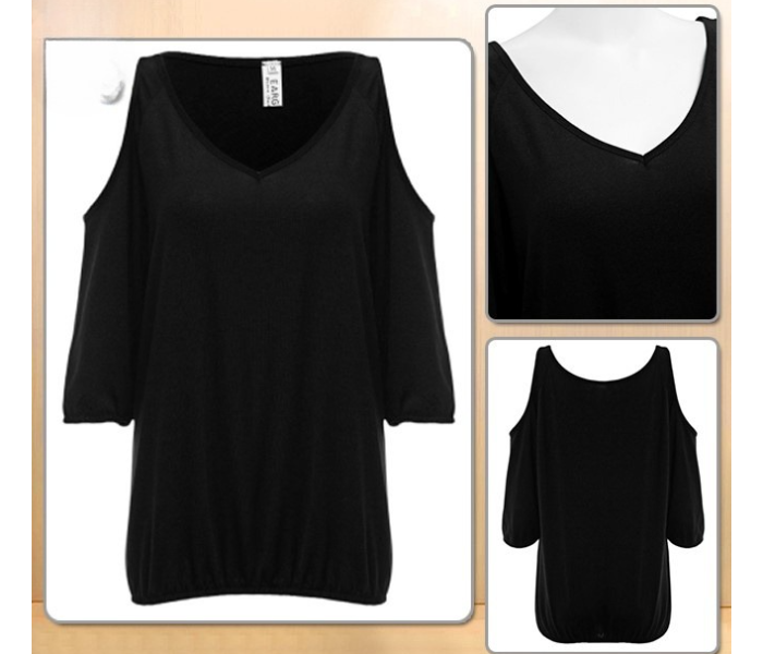 Quny RMC-10285 Cold Sleeve XL Sized Short Top for Women - Black - Zoom Image