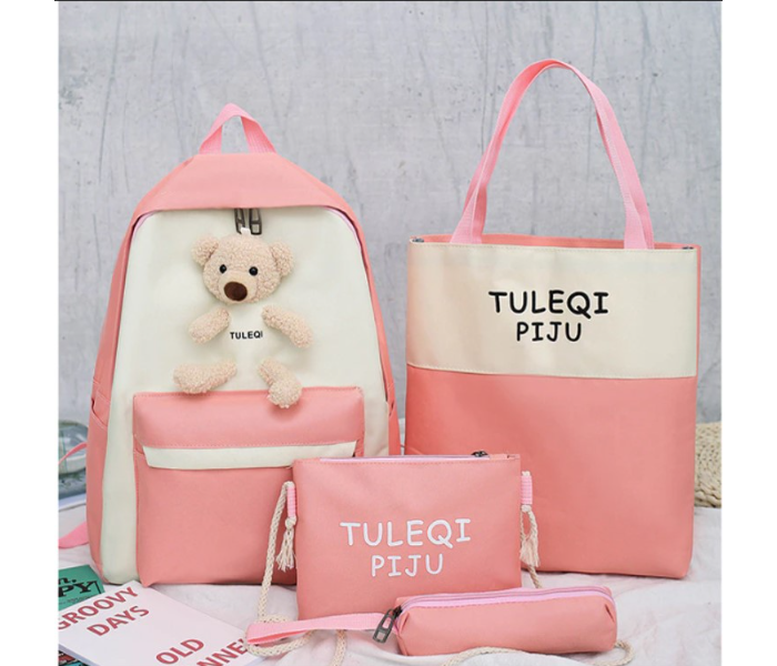 4 Pieces Fashion Cute Bear Canvas Shoulder School Bag for Teenage Girls - Pink and White - Zoom Image 1