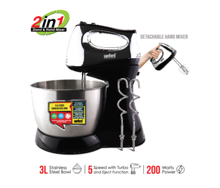 Sanford SF1360SM 200 Watts Stand and Hand Mixer - Black and Silver - Zoom Image