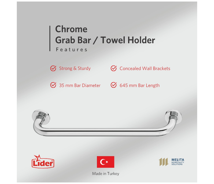 Lider 6013 Chrome Plated Grab Bar for Towel Holding - Chrome - Zoom Image 2