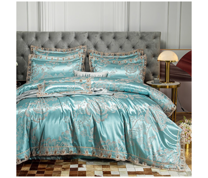 GTC 22000737 Gold Satin Jacquard Luxury Euro Soft Silky Double Duvet Cover Bedroom Set - Sky Blue - Zoom Image 1