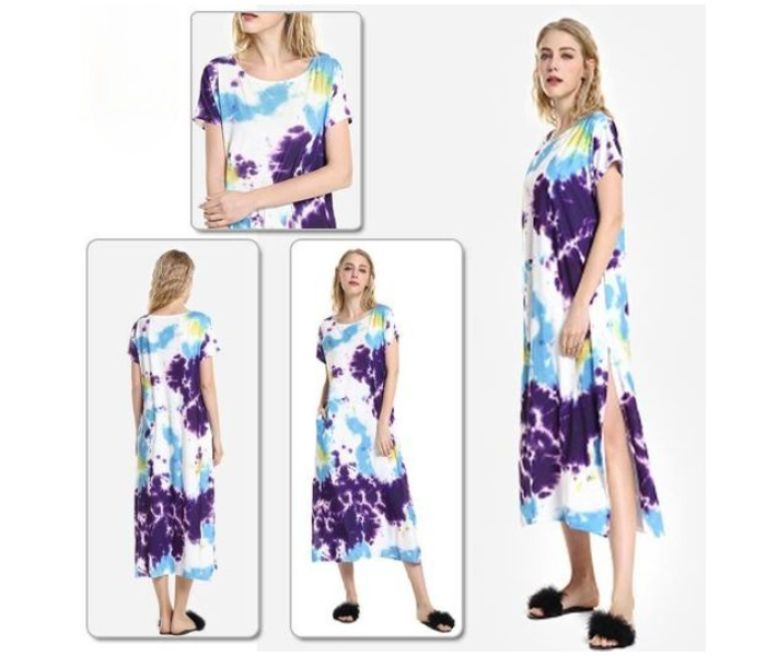 Quny RMC-10272 Half Sleeve Large Sized Flared Frock for Women - White and Blue - Zoom Image