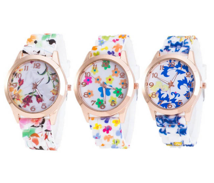 Set of 3 Floral Dial Silicone Band Analog Watches for Women - Zoom Image 4