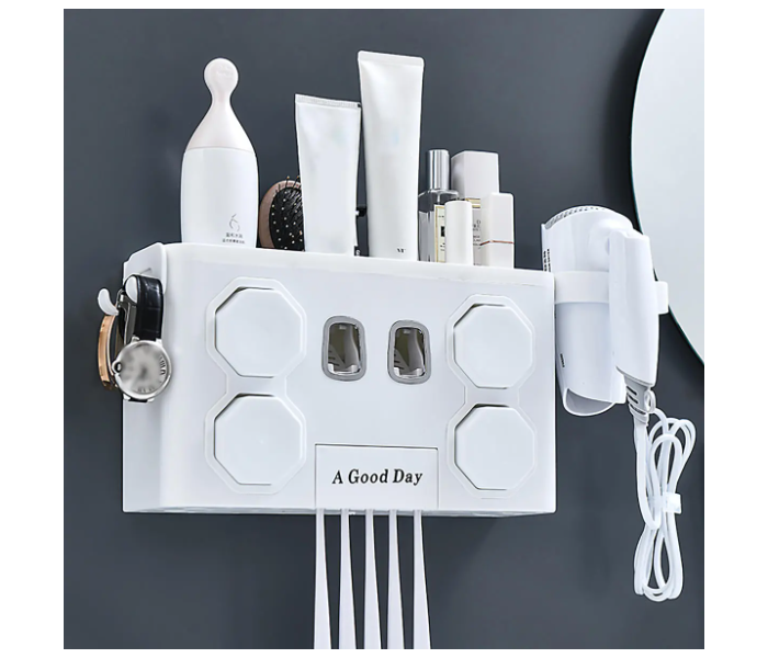 Multifunction Toothbrush Holder with Automatic Toothpaste Dispenser and Hair Dryer Rack - White and Blue - Zoom Image 1