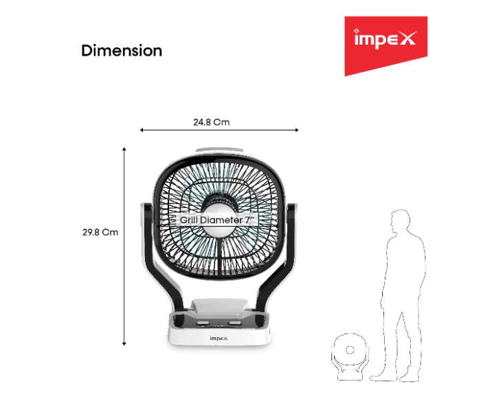 Impex Breeze D1 7 inch Rechargeable Fan - Black and White - Zoom Image 2