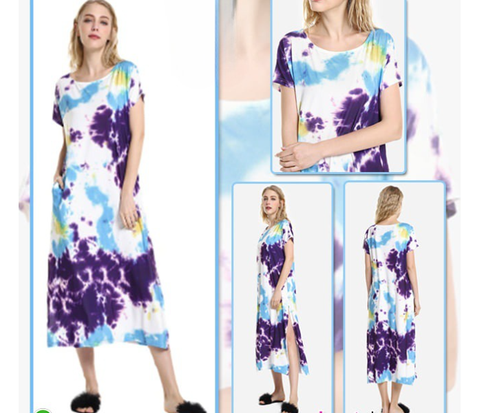 Quny RMC-10061 Half Sleeve XL Sized Long flared Sress for Women - White and Blue - Zoom Image