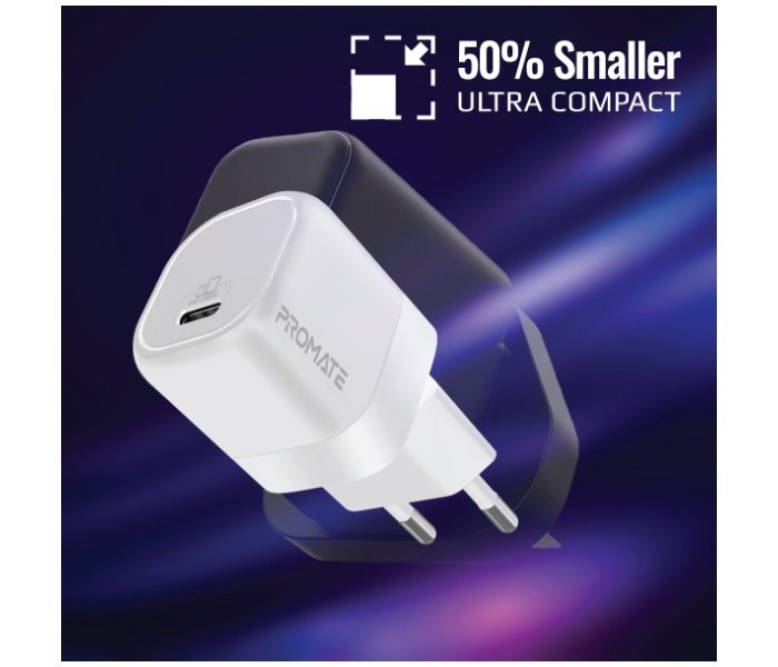 Promate Ultra-Compact USB-C Wall Charger with Fast-Charging USB-C25W Power Delivery EU Port - White - Zoom Image 2