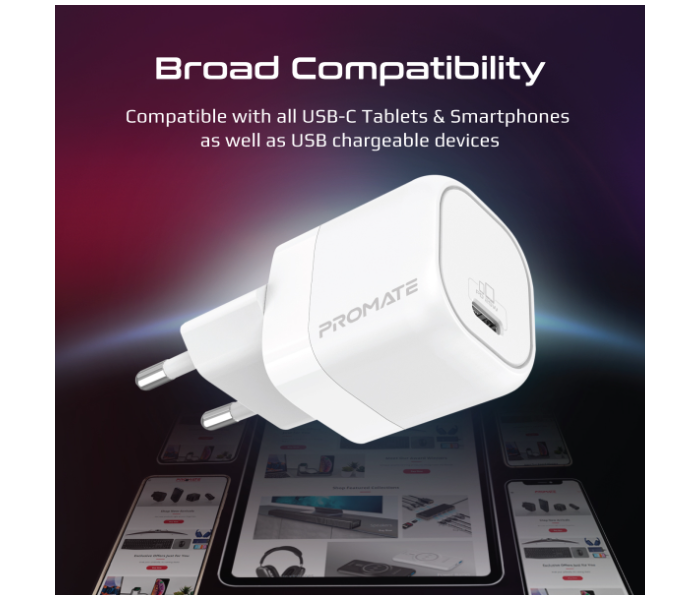 Promate Ultra-Compact USB-C Wall Charger with Fast-Charging USB-C25W Power Delivery EU Port - White - Zoom Image 3