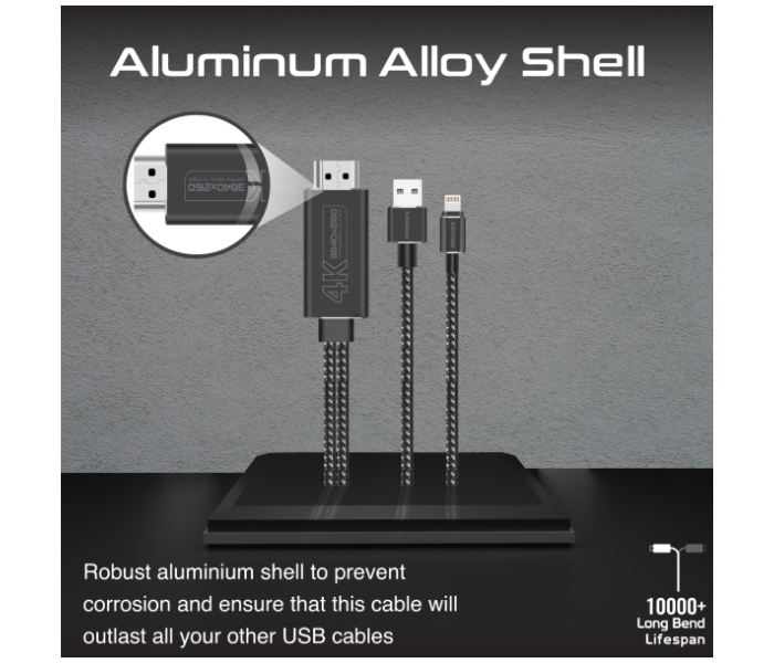 Promate 4K Ultra HD Durable Lightning Connector to HDMI Cable with USB Charging Bridge - Black - Zoom Image 4