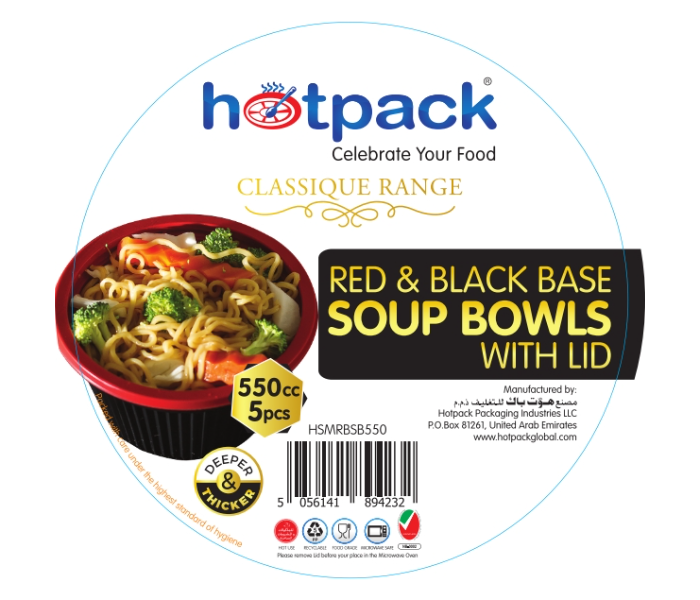 Hotpack HSMRBSB550 5 Pieces 550ml Red and Black Base Soup Bowls with Lids - Zoom Image 2