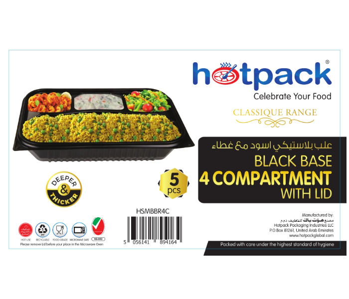 Hotpack HSMBBR4C 5 Pieces Container Black Base 4 Compartment with Lid - Zoom Image 2