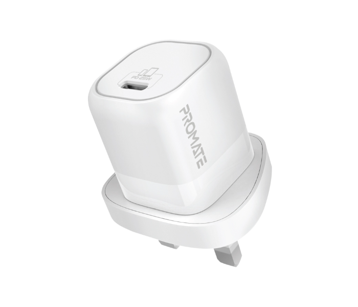 Promate Ultra-Compact USB-C Wall Charger with Fast-Charging USB-C25W Power Delivery UK Port - White - Zoom Image 1