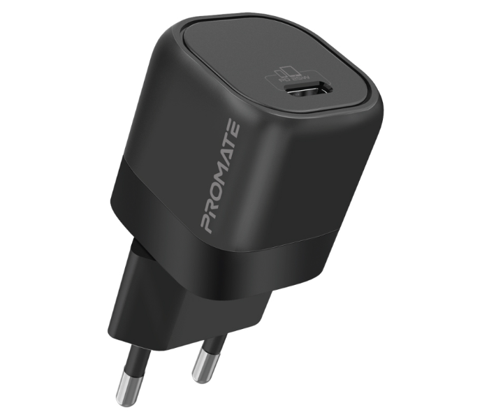 Promate Ultra-Compact USB-C Wall Charger with Fast-Charging USB-C25W Power Delivery EU Port - Black - Zoom Image 1