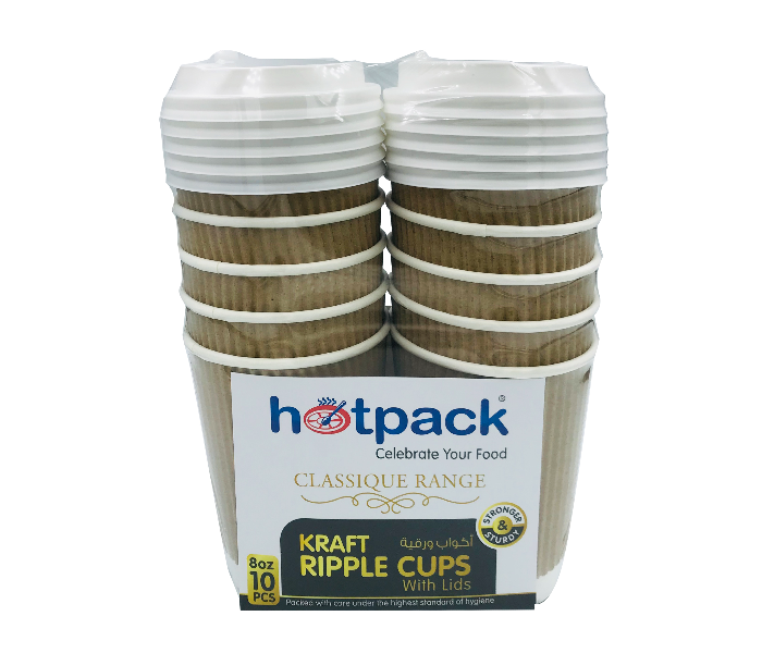 Hotpack HSMPCRW8K 8oz 10 Pieces Kraft Ripple Cup with Lids - Zoom Image