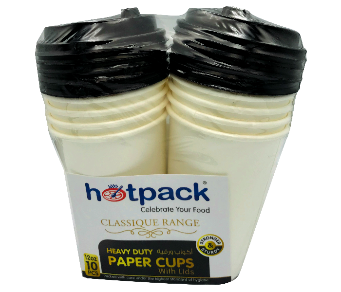 Hotpack HSMPHDC12WC 12oz 10 Pieces Heavy Duty Paper Cup White With Black Lid - Zoom Image