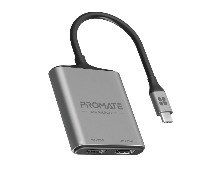 Promate Ultra HD 4k 60hz Type-C to HDMI Adapter Converter with Dual HDMI Ports - Black - Zoom Image 1