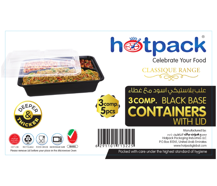 Hotpack HSMBBMC3C 5 Pieces Container Black Base with 3 Compartment Lid - Zoom Image 5