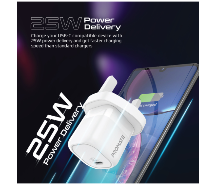 Promate Ultra-Compact USB-C Wall Charger with Fast-Charging USB-C25W Power Delivery UK Port - White - Zoom Image 2