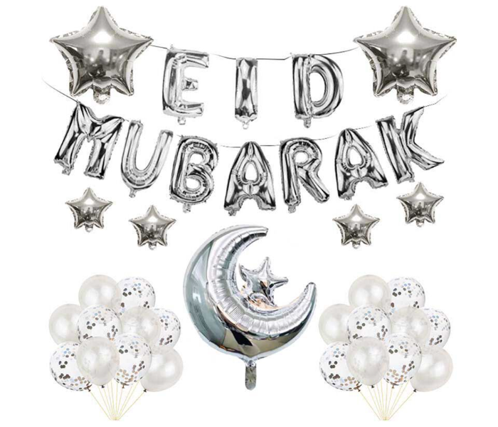 Eid Mubarak Celebration Combo Foil Confetti And Metallic Balloon Various Shape Moon Star Kit To Decor Home Hotel Office - Silver - Zoom Image 1