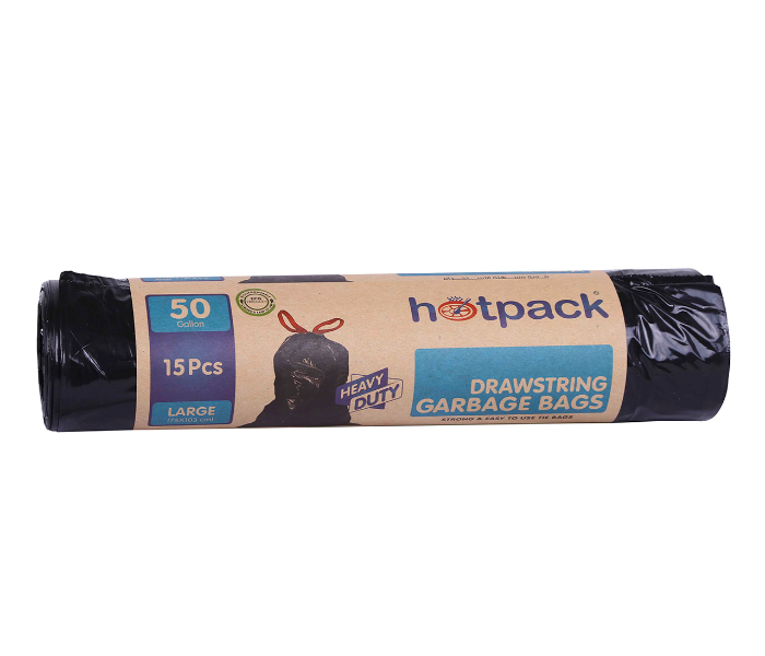 Hotpack HSMTBBR75103 15 Pieces Roll Heavy Duty 75x103cm 50 Gallon Drawstring Garbage Bag - Black - Zoom Image 1