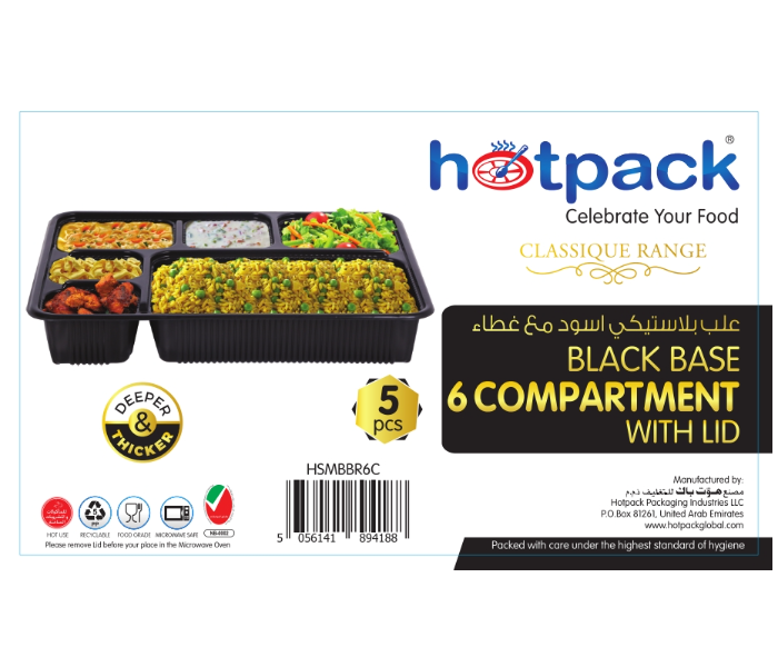 Hotpack HSMBBR6C 5 Pieces Container Black Base 6 Compartment with Lid - Zoom Image 1