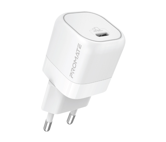 Promate Ultra-Compact USB-C Wall Charger with Fast-Charging USB-C25W Power Delivery EU Port - White - Zoom Image 1