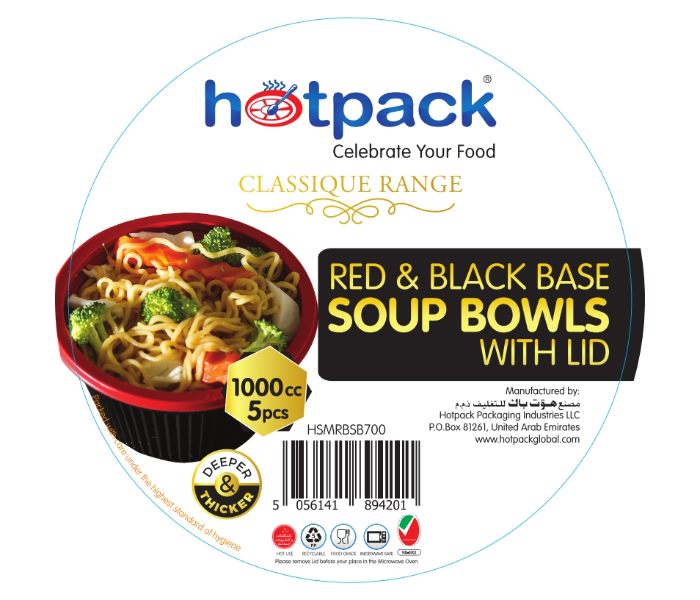 Hotpack HSMRBSB1000 5 Pieces 1000ml Red and Black Base Soup Bowls with Lids - Zoom Image 2