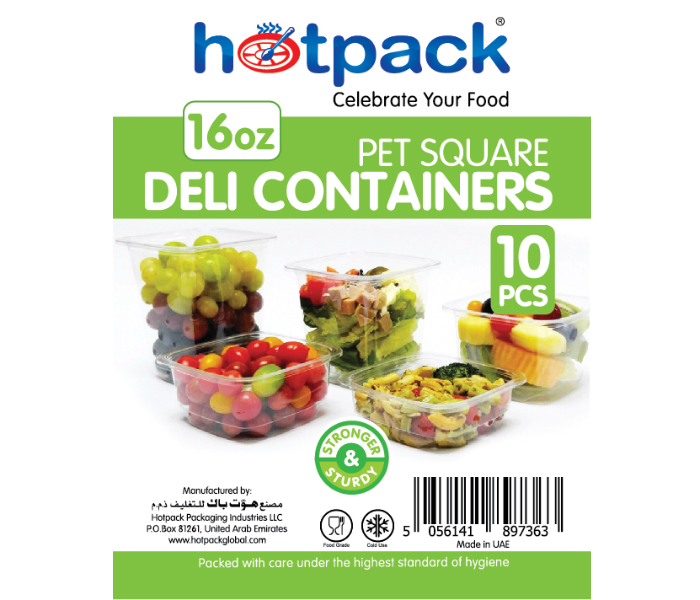 Hotpack HSMDCS16PET 10 Pieces 16oz Deli PET Container Square with Lid - Zoom Image 1