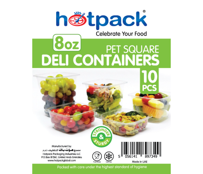 Hotpack HSMDCS8PET 10 Pieces 8oz Deli PET Container Square with Lid - Zoom Image 2