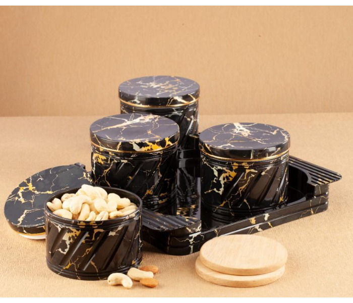 4 Piece Marble Look Dry Fruit Container With Tray Holder - Black - Zoom Image