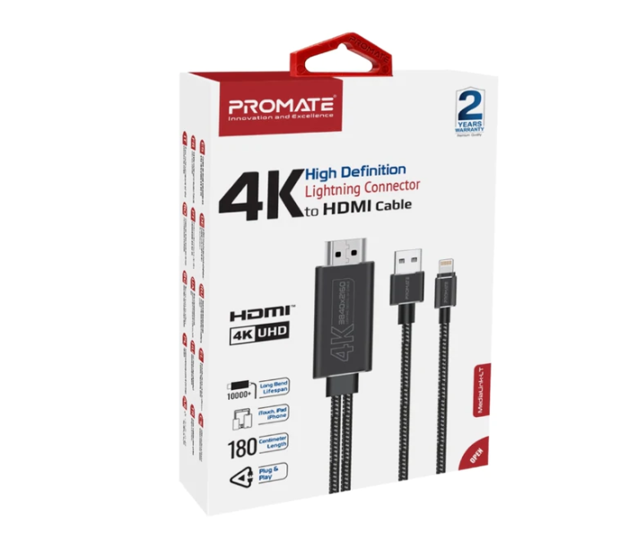 Promate MediaLink-LT 4K High Definition Lightning Connector to HDMI Cable - Black - Zoom Image 6