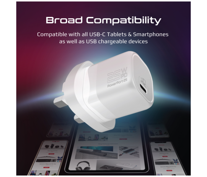 Promate Ultra-Compact USB-C Wall Charger with Fast-Charging USB-C25W Power Delivery UK Port - White - Zoom Image 4