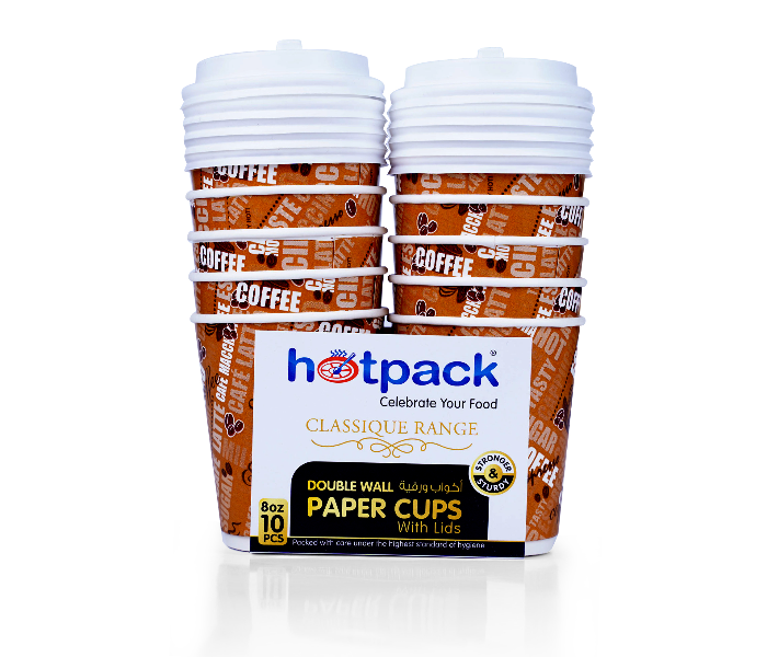 Hotpack HSMDWPC8C 8oz 10 Pieces Paper Double Wall Cup with Lid - Zoom Image