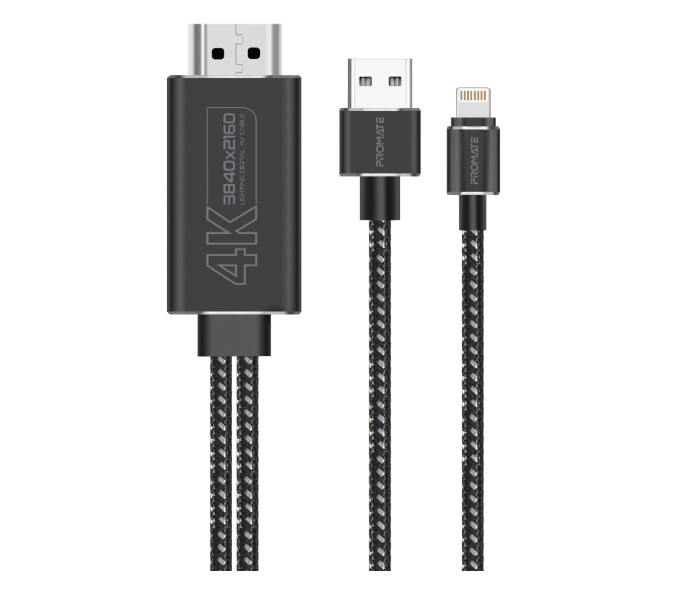 Promate 4K Ultra HD Durable Lightning Connector to HDMI Cable with USB Charging Bridge - Black - Zoom Image 1