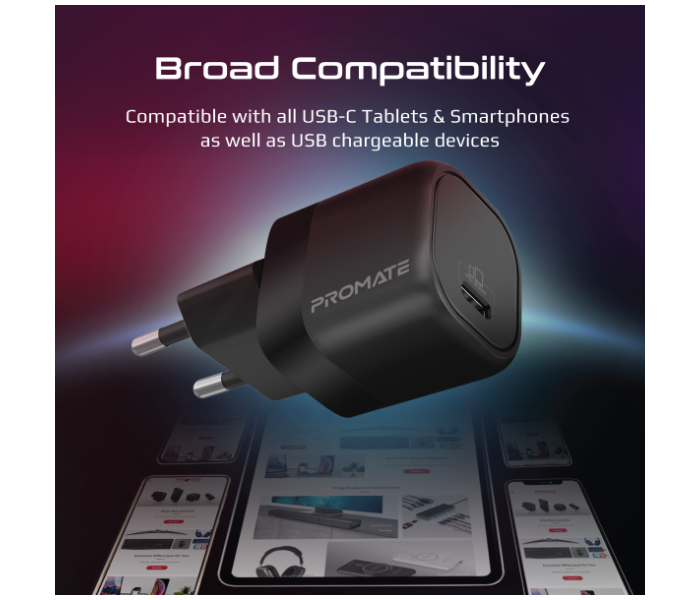 Promate Ultra-Compact USB-C Wall Charger with Fast-Charging USB-C25W Power Delivery EU Port - Black - Zoom Image 3