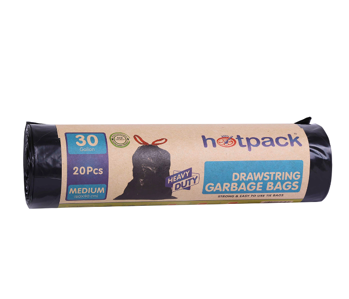 Hotpack HSMTBBR6090 20 Pieces Roll Heavy Duty 60x90cm 30 Gallon Drawstring Garbage Bag - Black - Zoom Image 1