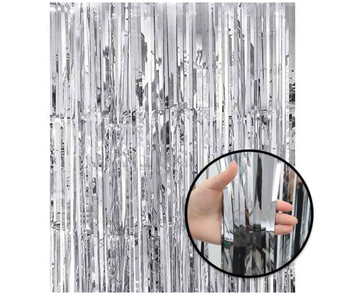 Tinsel Metallic Foil Fringe Curtains Backdrop Door Window Curtain Party Decoration Pack of 2 - Silver - Zoom Image 1