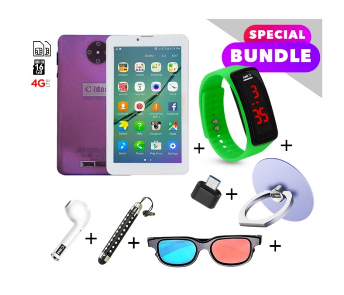 C idea CM430 7 inch Dual Sim 2GB RAM 16GB ROM Android 4G LTE Tablet with Combo of Airpod-Finger Holder-Touch Pen-OTG Connector-3D Spectacle and LED Watch - Purple - Zoom Image