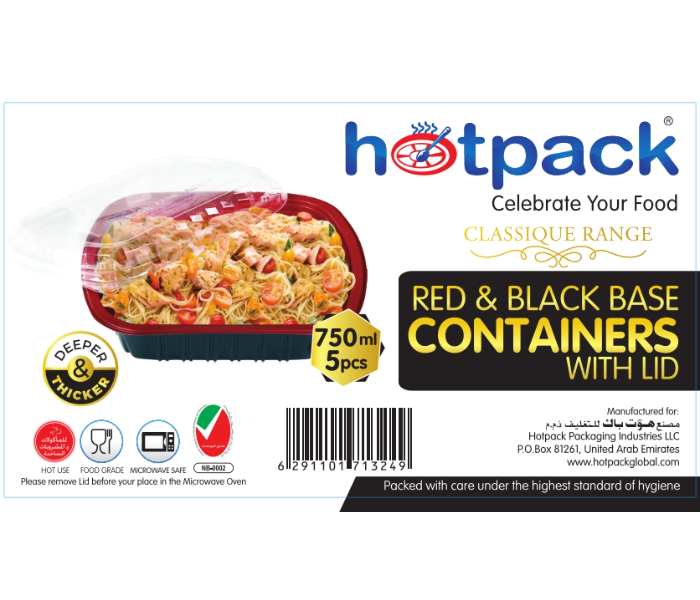 Hotpack HSMRB750 5 Pieces 750ml Red and Black Base Container with Lids - Zoom Image 2