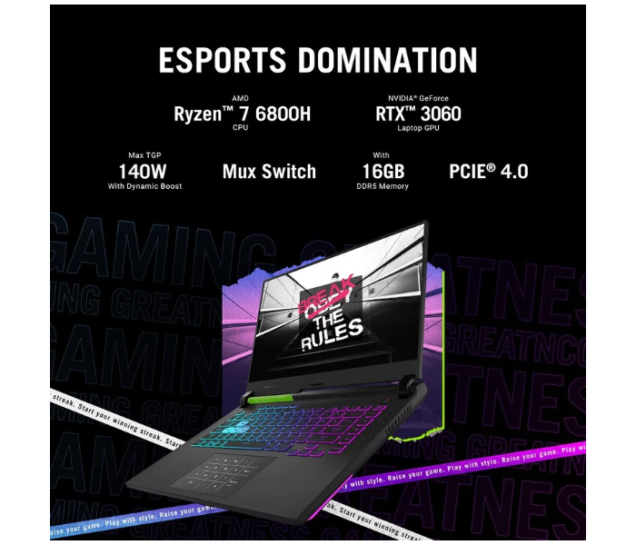 Asus ROG STRIX G713RM-KH076W 17.3 Inch FHD AMD Ryzen R7 6800H Processor 16GB RAM 1TB SSD 6GB NVIDIA GeForce RTX 3060 Graphics Windows 11 Home - Green - Zoom Image 2