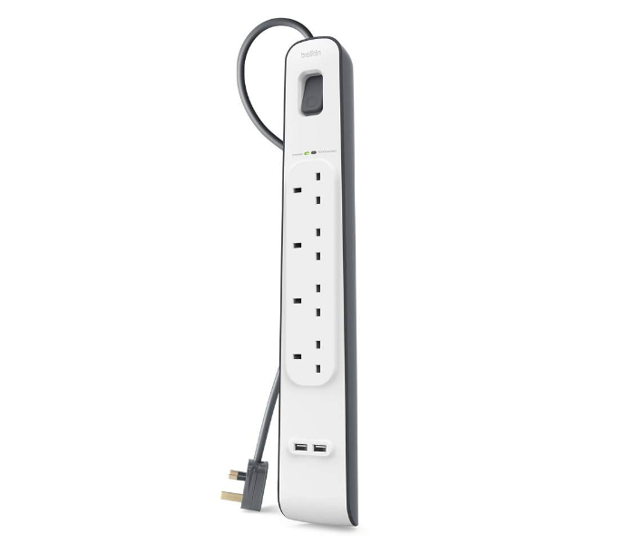 Belkin BSV401AF2M 4-Way Surge Protection Strip with 2 A Shared USB Ports and 2 Meters Cord Length - White - Zoom Image 2