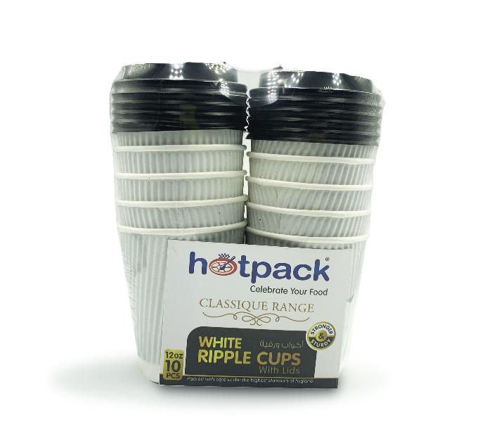 Hotpack HSMPCRW12W 12oz 10 Pieces White Ripple Paper Cup With Black Lid - Zoom Image