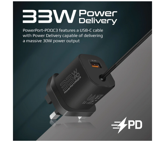 Promate Premium 33W Power Delivery Wall Adapter with 22.5W Quick Charge 3.0 UK Port - Black - Zoom Image 2