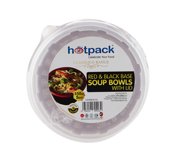 Hotpack HSMRBSB550 5 Pieces 550ml Red and Black Base Soup Bowls with Lids - Zoom Image 1