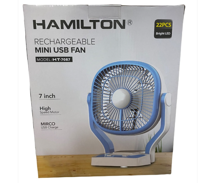 Hamilton HT-7087 7 Inch Rechargeable Mini USB Fan - Blue and White - Zoom Image 1