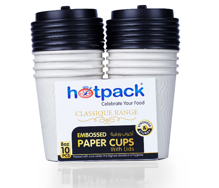 Hotpack HSMEPC8C 8oz 10 Pieces White Embossed Paper Cups with Lid - Zoom Image