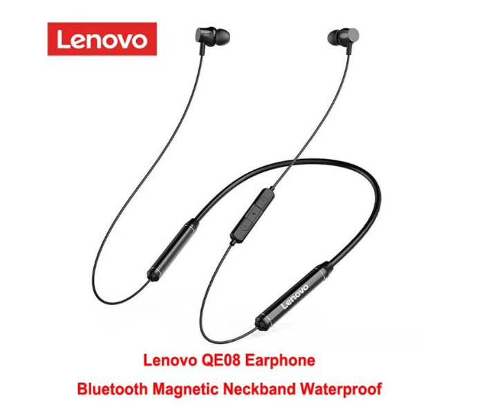 Lenovo QE08 NeckBand Bluetooth Earphone - Black - Zoom Image 1