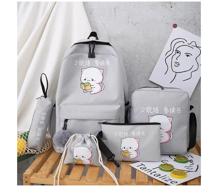 Generic 5 Pieces Female Color Matching Backpack Schoolbag - Grey - Zoom Image